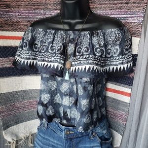 Paisley blue and white off the shoulder crop top